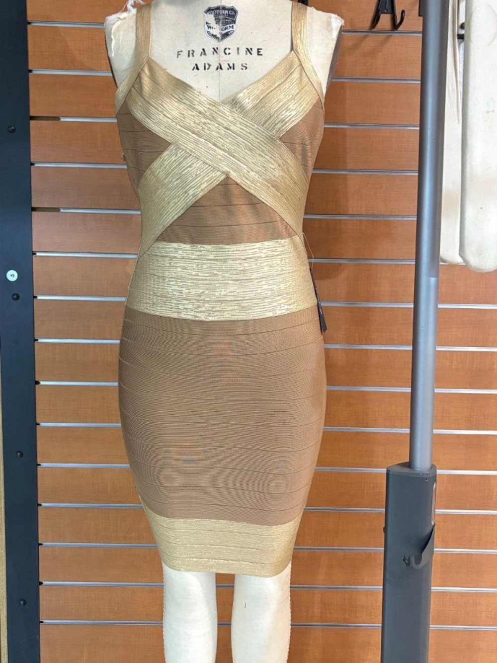 Bebe NWT taupe and metallic gold bandage bodycon mini dress size S